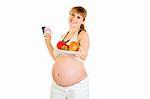 Smiling pregnant woman choosing  healthy lifestyle isolated on white