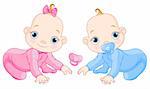 Illustration of creeping baby twins. You can easily add or remove the pacifier to each of them