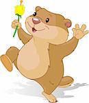 Illustration of Groundhog dancing with first flower for Groundhog Day