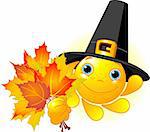 Cartoon Character of Cute  Sun with pilgrim hat holding autumn leaves