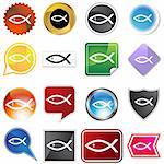 A set of 16 icon buttons in different shapes and colors - religious fish.