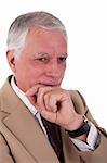 Portrait of a handsome mature businessman, thinking,  on white background, studio shot