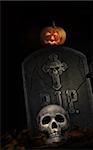 Spooky tombstone with skull and pumpkin on black background