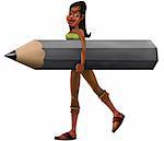 brown girl walking with a big and gray pencil