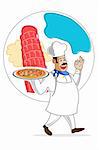 illustration of chef with pizza and leaning tower of pissa at in background