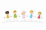 illustration of multi racial kids holding hands on isolated background