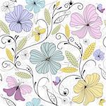 Pastel seamless floral pattern with flowers and butterflies (vector)