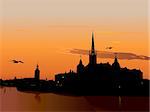 Silhouette of Stockholm at sunset, The City Hall, Riddarholm cathedral. Sweden