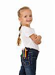 Little proud girl with pencils in her pocket ready for school - isolated