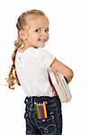 Little girl with books and pencils prepared to go back to school - isolated