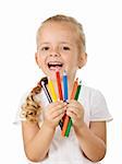 Happy little girl with colored pencils - isolated back to school theme