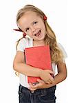 Happy little girl with books and pencil behind the ear - back to school concept, isolated