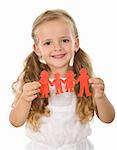 Little happy girl holding paper people - united family concept, isolated