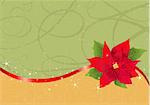 Christmas background with red ribbon and poinsettia. Place for copy/text.