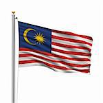 Flag of Malaysia with flag pole waving in the wind over white background