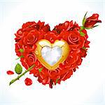 Red Roses and golden jewel in the shape of heart with arrow