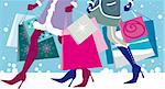 Vector illustration of two girls with shopping bags in winter