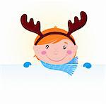 Christmas cute small boy in reindeer christmas costume. Vector Illustration.