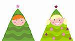 Cute boy and girl in christmas tree costumes isolated on white background. Vector cartoon illustration.