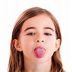 Portrait of a beautiful girl with her tongue out, isolated one white