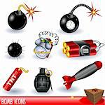 A collection of bomb icons, color illustration isolated on white background.