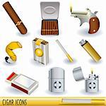 A collection of cigars, cigarettes and cigarette lighters, color illustrations isolated on white background.