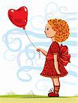 Small girl with heart shaped balloon, heart on the rope, child illustration