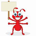 vector illustration of a cute little red ant with blank sign. No gradient.