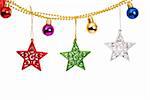 Four colorful Christmas baubles and stars on golden string isolated on white background with copy space.