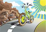 Smiling bicycle rides on the road prevailing over the gasoline engines, vector illustration