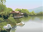 Nature park scenery in spring, pagoda on the lake shore, photo-realistic vector illustration