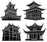 Set of four Chinese pagoda silhouettes, highly detailed, vector illustration