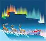 Santa Claus sleighing, Christmas reindeer, under northern lights (aurora borealis), polar night background, vector illustration