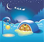 Snow-covered hut, lit by street lamp, flying sleigh with Santa Clause in starry night sky, vector illustration