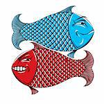Two fishes. Emotions, characters, happy and angry. Yin yang.