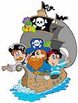 Ship with various cartoon pirates - vector illustration.