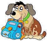 Sitting dog with school bag - vector illustration.