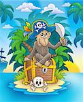 Pirate monkey on treasure island - color illustration.