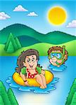 Two swimming kids in lake - color illustration.