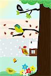 Four birds sitting in the same thee, through the four different season. Vector image