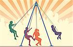 Colorful editable vector silhouettes of children on playground swings with sky background