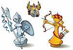 Chess pieces series, black and white pawns, Crusaders vs. Saracens, including bonus “Chess Battle” heraldic emblem, vector illustration