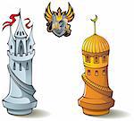Chess pieces series, black and white rooks, Crusaders vs. Saracens, including bonus “Chess Battle” heraldic emblem, vector illustration