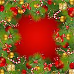 christmas background with baubles and christmas tree. Vector frame with green fir