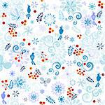 Winter effortless pattern with berries, birds and snowflake and butterflies (vector)