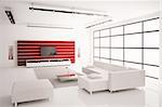 Modern Living room in white red interior 3d render