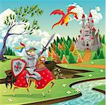 Panorama with medieval castle, dragon and knight. Cartoon and vector illustration