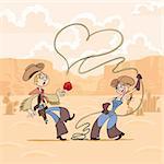 At Valentine's Day cowboy with a gift comes to his girlfriend with lasso.