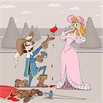 At Valentine's Day musketeer presents a heart of his duel opponent as a gift to a lady. She is very surprised.