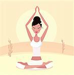 Asia woman with black hair practicing meditation. Stylized vector Illustration in retro style